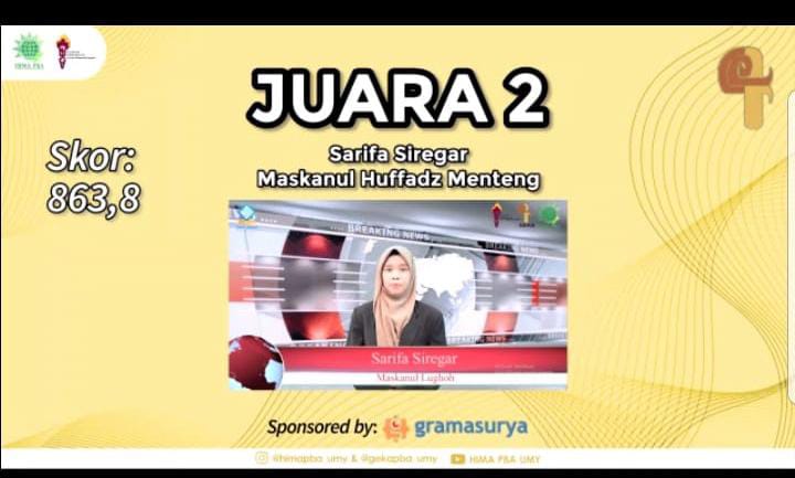 Mengukir Sejarah Baru bagi Maskanul Huffadz, Sarifah Mudaim Siregar Sukses Raih Juara 2 dalam Gema Karya Arab 2022